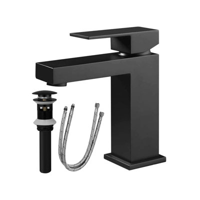Single Handle Bathroom Faucet,  Single Hole Bathroom Faucet, Solid Brass Modern Bathroom Sink Faucet Basin Vanity Square Bathroom Faucet with Pop-up DrainWater Supply Hoses