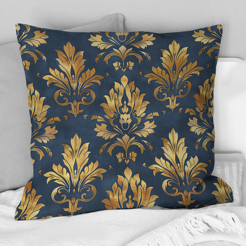 Blue Gold Timeless Damask Art I - Transitional Throw Pillow, 18"H x 18"W