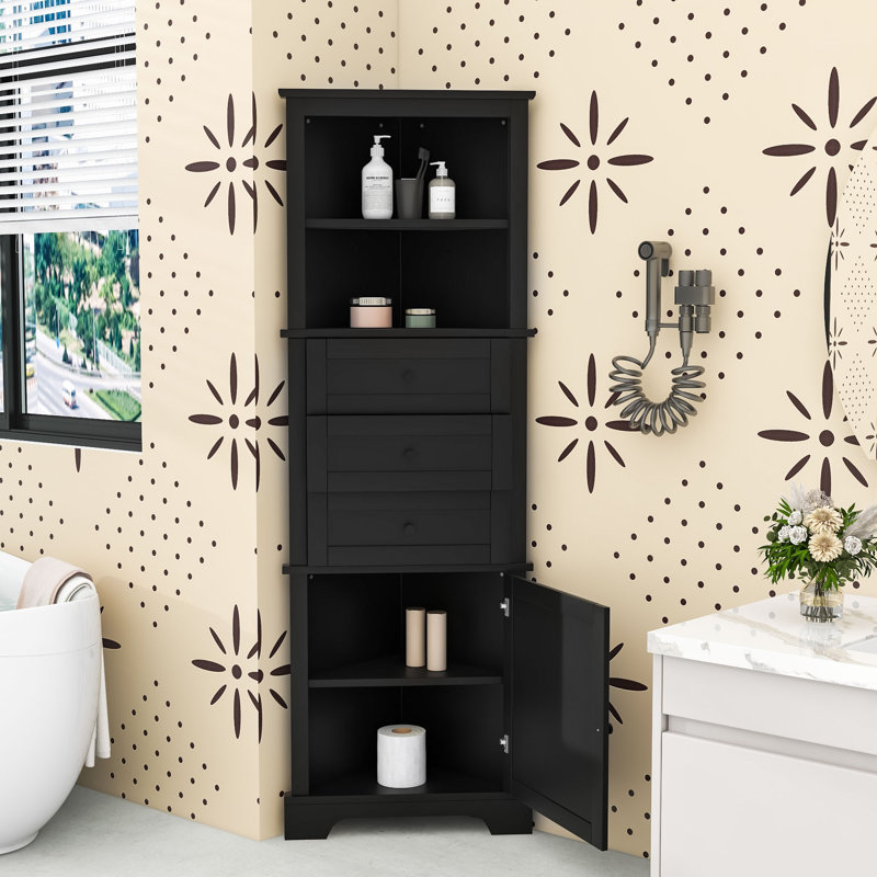 Tall Freestanding Bathroom Corner Cabinet with Adjustable Shelves, Doors and Triangle Drawers, Black