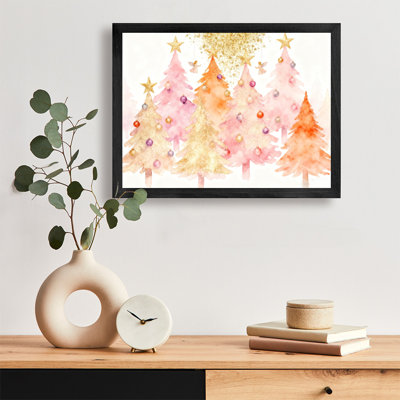 Black Framed Vintage Watercolor Christmas Tree Wall Art Retro Style Framed Prints