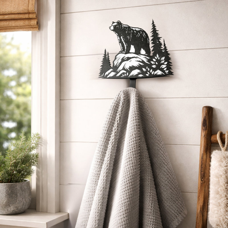 Crochet mural métal ours rustique décor de chalet finition noire
