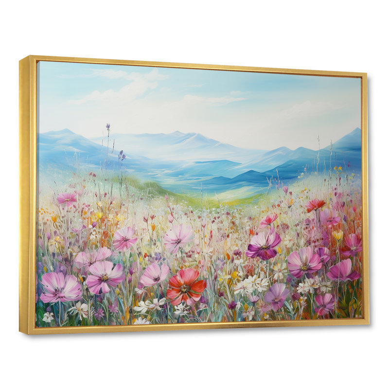 Champ de fleurs roses saisonnières en montagne IV, Cadre flottant doré, H 16 po x l 32 po x P 1 po