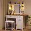 Ensemble de coiffeuse de maquillage de style campagne moderne avec miroir et lumières, luminosité réglable, bureau de coiffeuse avec verre trempé intégré, panneau pliant, prise de courant et tabouret de coiffeuse-753279493