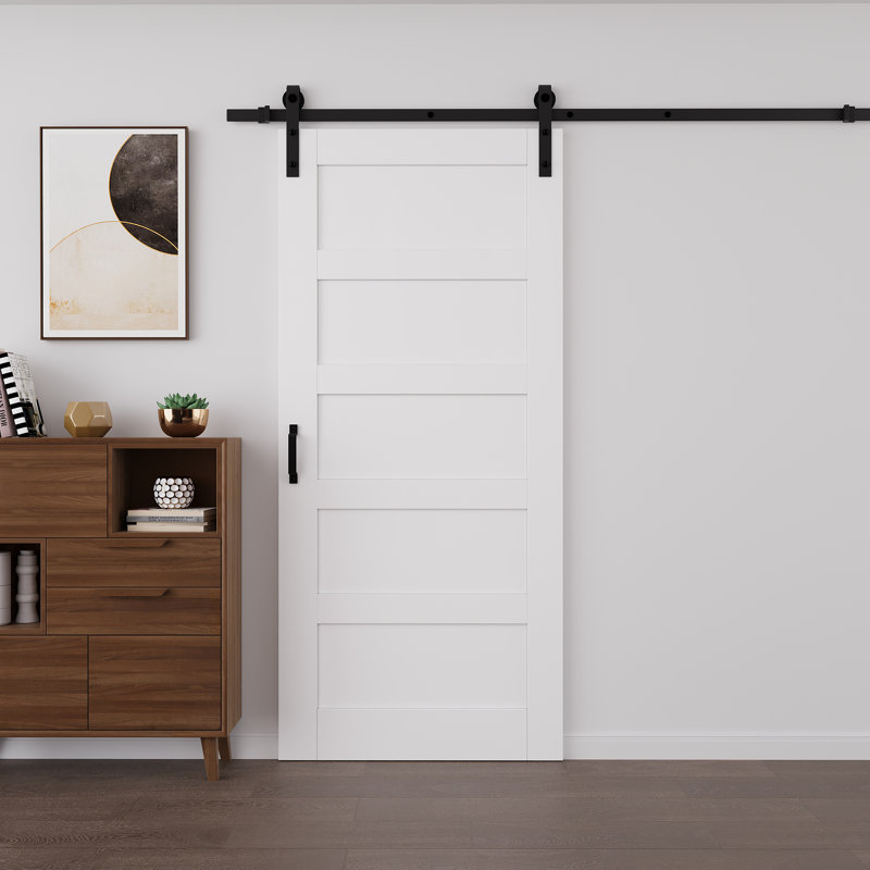 Porte de grange en bois manufacturé blanc massif de 80 po x l 32 po avec trousse de quincaillerie d'installation (aucun assemblage requis et peut être peint)