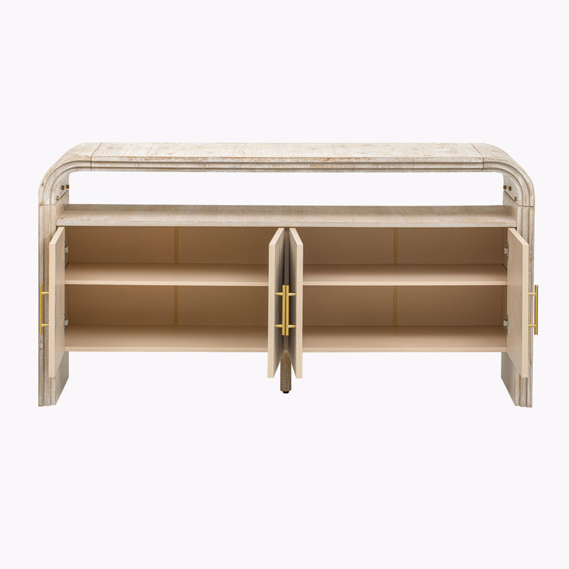 4-door Elegant Console Table With Natural Embossed Texture, Curved Edge And Metal Handles, Natural Wood