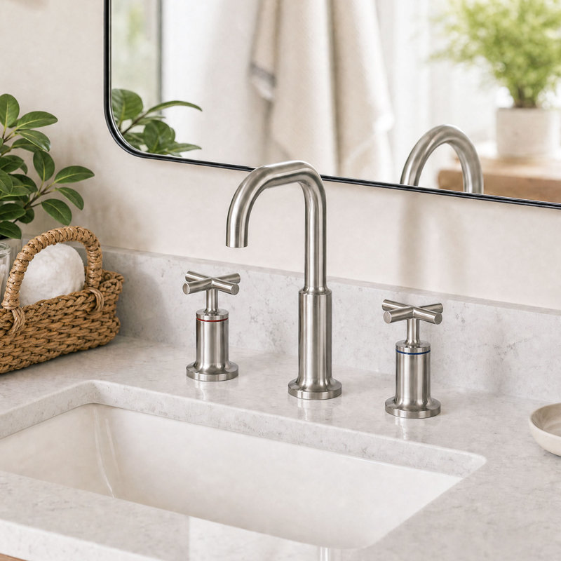 8" Solid Brass Widespread Bathroom Sink Faucet Double Handle Bathroom Faucet Primast, Brushed Nickel