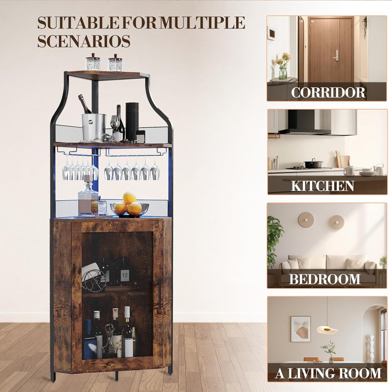 Bar rustique à 5 niveaux avec porte verrouillable, support en verre et tablettes réglables pour la salle à manger, Brun