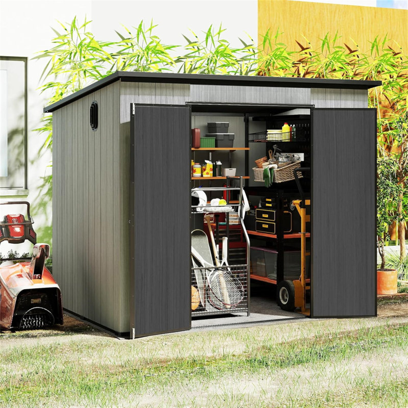 Remise de rangement extérieure en résine 6 x 8 pi avec fenêtres transparentes et évents à persiennes, remise à outils en plastique avec portes verrouillables doubles et toit incliné, remise de jardin extérieure pour la cour, le patio, la pelouse