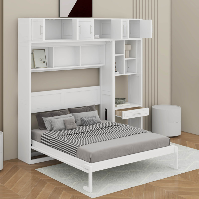 Grand lit escamotable mural avec bureau, Blanc, Grand lit
