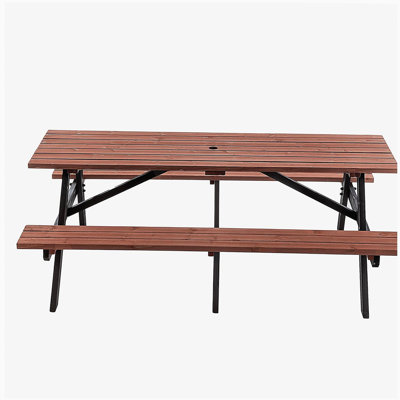Ensemble de table de pique-nique en bois massif 75 po 75 po Capacité de 2200 lb Brun rustique pour l'extérieur avec trou de parasol pour terrasse, pelouse et barbecue (190 cm)
