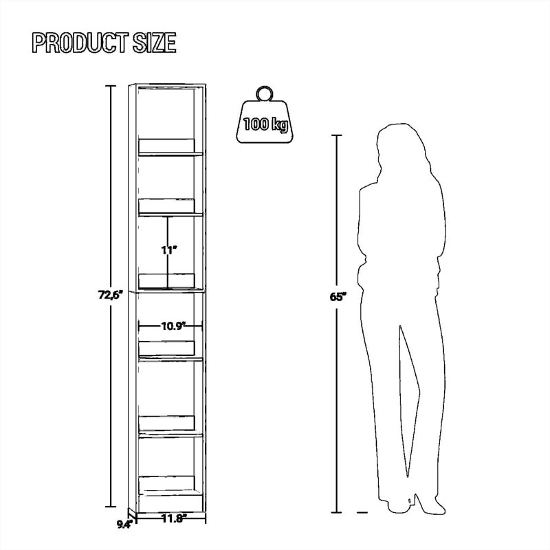 Grande bibliothèque étroite avec tablettes réglables, étagère de rangement ouverte à 6 niveaux, organisateur cubique compact pour le salon, le bureau à domicile et la chambre à coucher