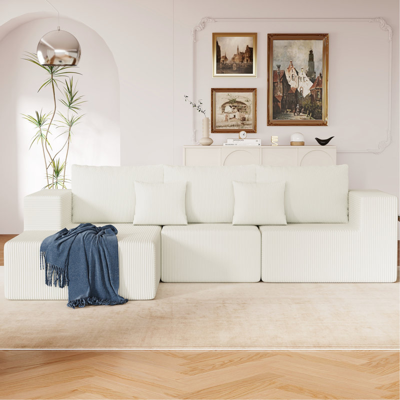 Siège modulaire en velours côtelé beige, forme de L avec méridienne pour le salon, masque en éponge à élasticité élevée, agencement librement combiné, canapé-lit en mousse d'une capacité de poids de 800 lb, chaise, Mark,