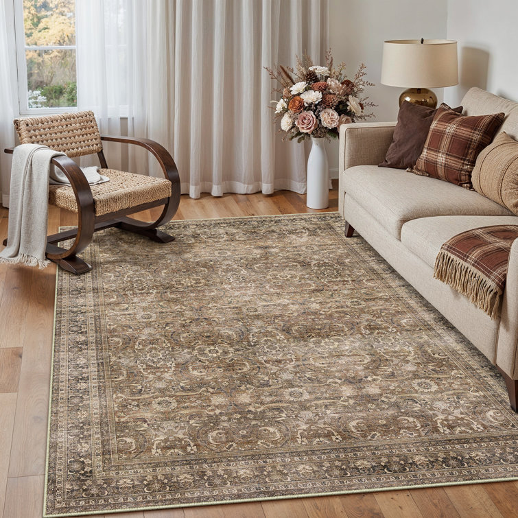 Machine Washable Vintage Floral Area Rug With Non-Slip Rubber Backing