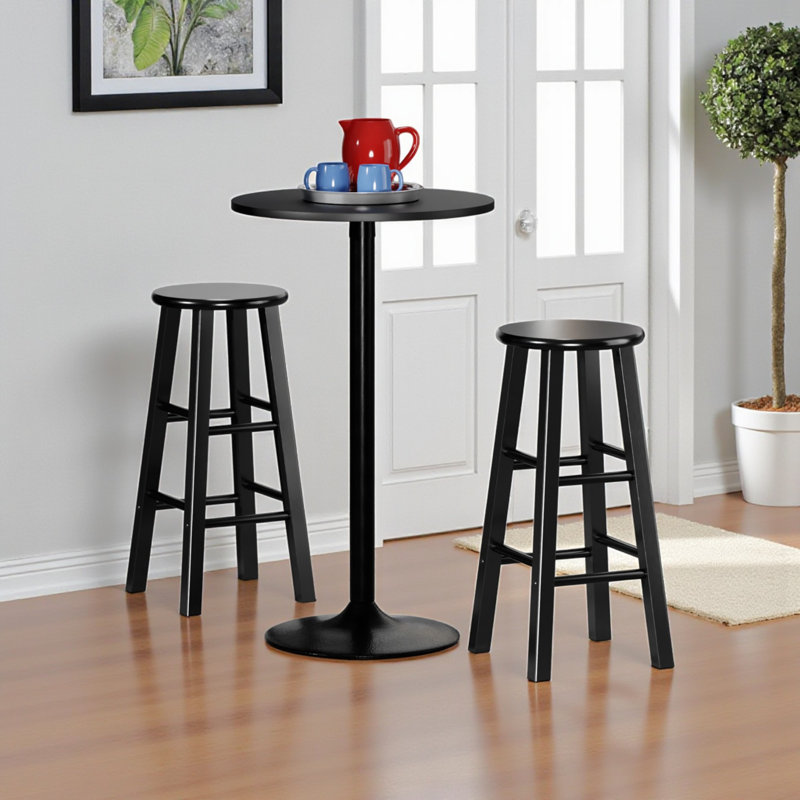 Danijela 3-Pc Wood Patio Dining Set with Round Table in Black, 28.85'' H X 13.56'' W X 13.56'' D