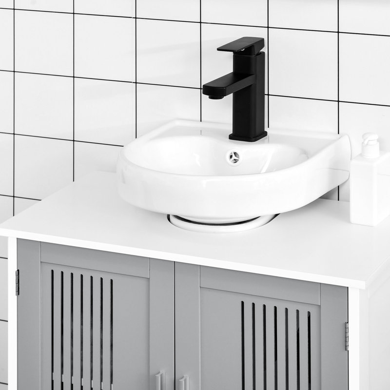 Armoire de meuble-lavabo sous le lavabo - gris et blanc, peu encombrante, tablette réglable, compacte