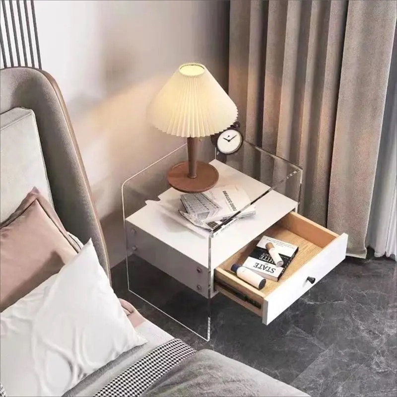 Table de chevet moderne en bois acrylique, design transparent, design d'apparence minimaliste, armoire de rangement, chambre à coucher moderne, acrylique élégant, convient à la chambre à coucher