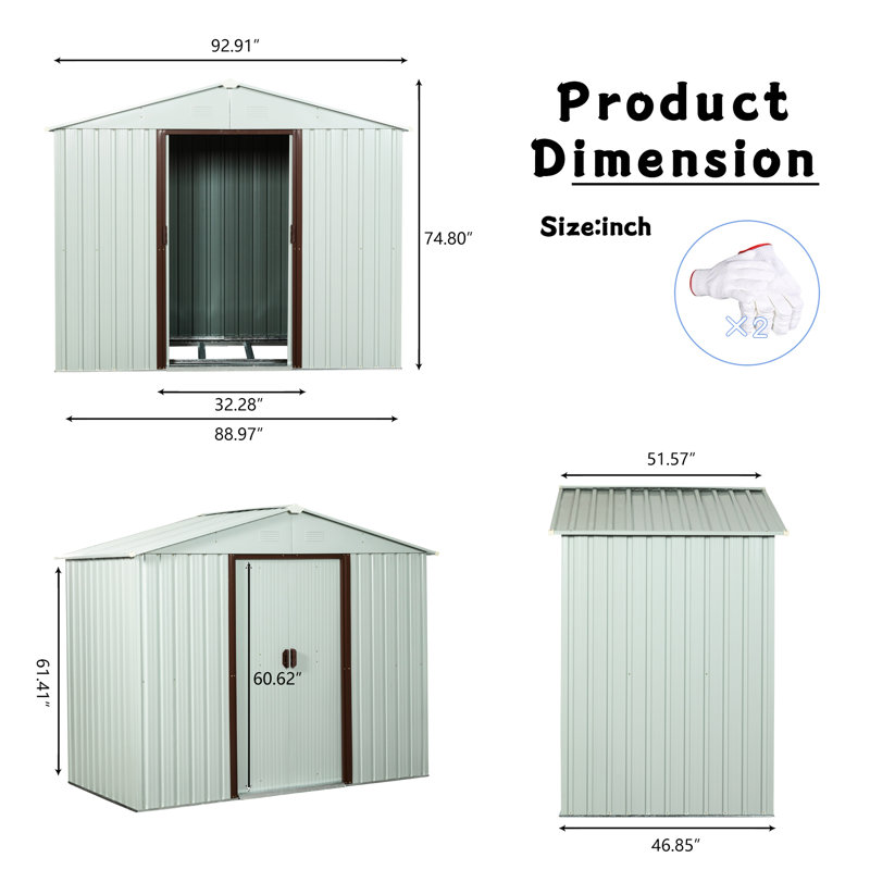 Remise en métal robuste - pour la pelouse et le jardin avec porte verrouillable, H 74,94 po x l 91,35 po x P 46,88 po, Blanc