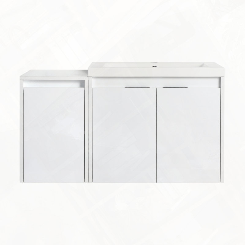 Meuble-lavabo de salle de bain avec lavabo en résine, deux portes à fermeture douce et une armoire latérale