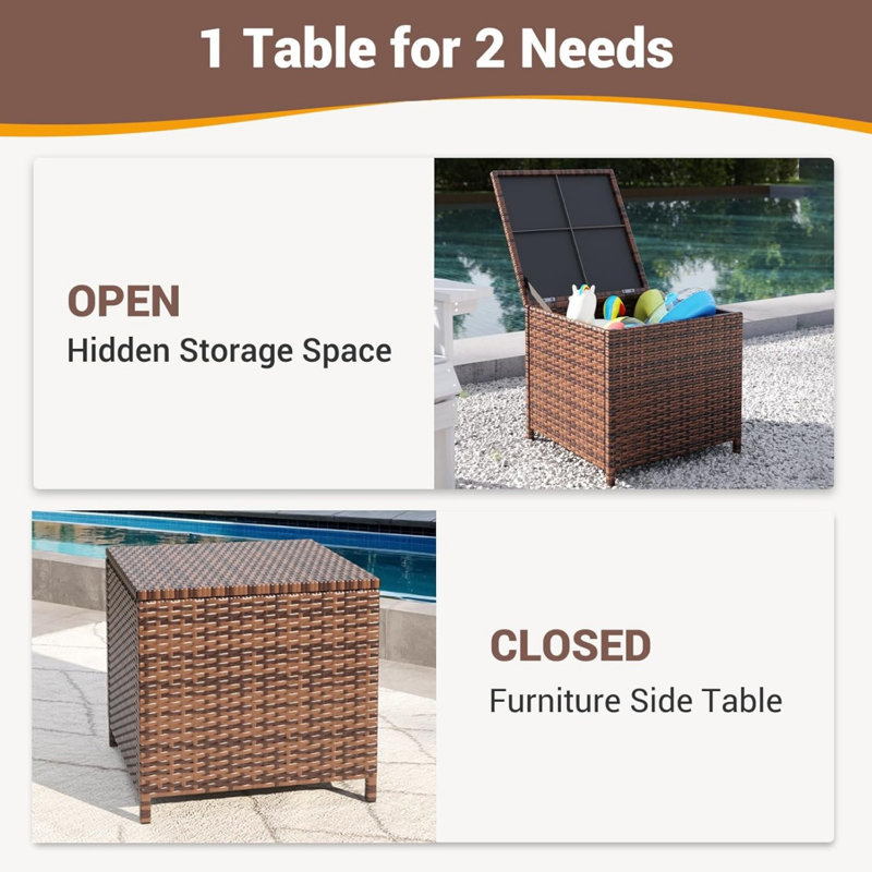 Outdoor Wicker Side Table With Storage Patio Rattan End Table Small Resin Square Container Coffee Table Backyard Pool For Furniture Covers, Toys And Gardening Tools