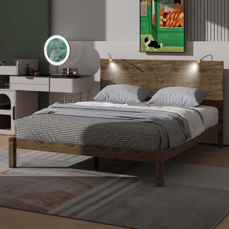 Charmant lit plateforme en bois rustique moderne, Grand lit, Noyer antique