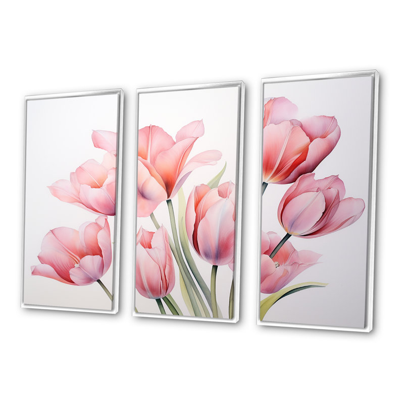 Tulipes, minimalisme, ensemble d'art sur toile, H 40 po x l 60 po x P 1 po, Cadre flottant blanc