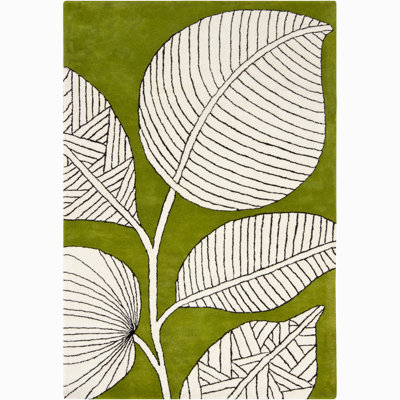 Tapis floral abstrait en laine tissé à la main noir, ivoire et vert Medford