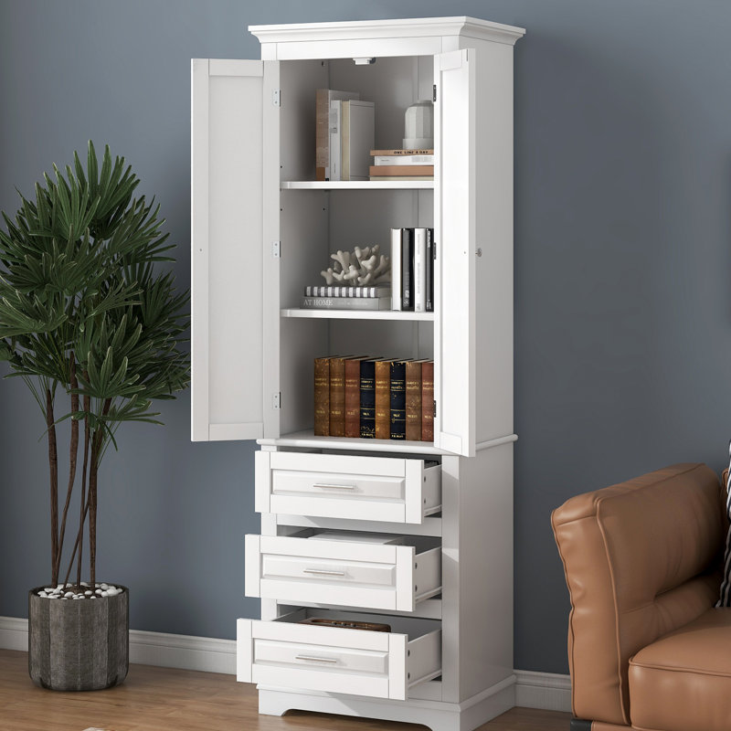 Grande armoire de rangement blanche avec trois tiroirs pour l'organisation de la salle de bain, glissières en métal, assemblage facile - bureau et salle de bain, grande capacité, tablettes réglables