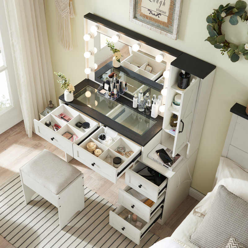 Dressing Table with Mirror, White/Black