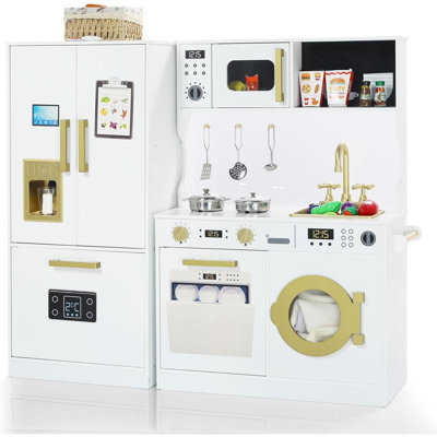 Wooden Play Kitchen Set for Kids with Sink, Freezer, Ice Maker, Washing Machine & Accessories Large Storage & Realistic Features