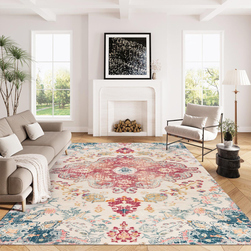Juanelle Performance Washable Indoor Rug, Retangle 6' x 9', Ruby & Teal