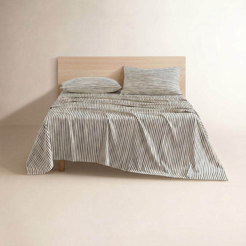 Marimekko Printed Organic Cotton Percale Sheet Sets, Queen Sheet Set with 2 Pillowcases, Black Striped