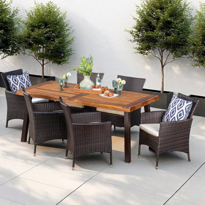Everlean 6 - Person Acacia Wicker Patio Dining Set with Rectangular Table , Cushions Included