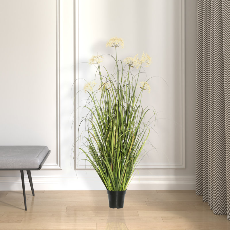 36" Tall Artificial Green Grass with Cream Dandelions in Black Pot