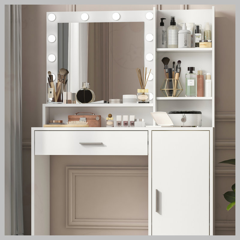Bureau de coiffeuse avec miroir et lumière, commode de rangement à trois niveaux avec grand tiroir, 3 modes d'éclairage à luminosité réglable, coiffeuse de chambre à coucher (blanc)