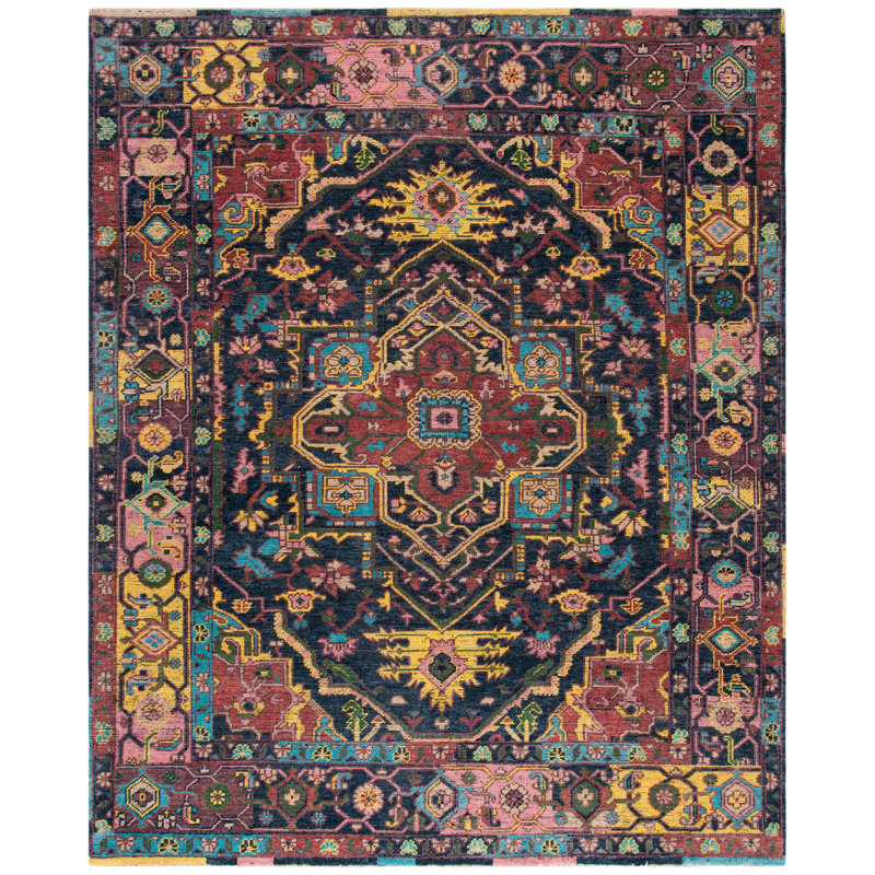 Tapis oriental bleu / rouille en laine / coton noué à la main Kline, Rectangle 6 pi x 9 pi