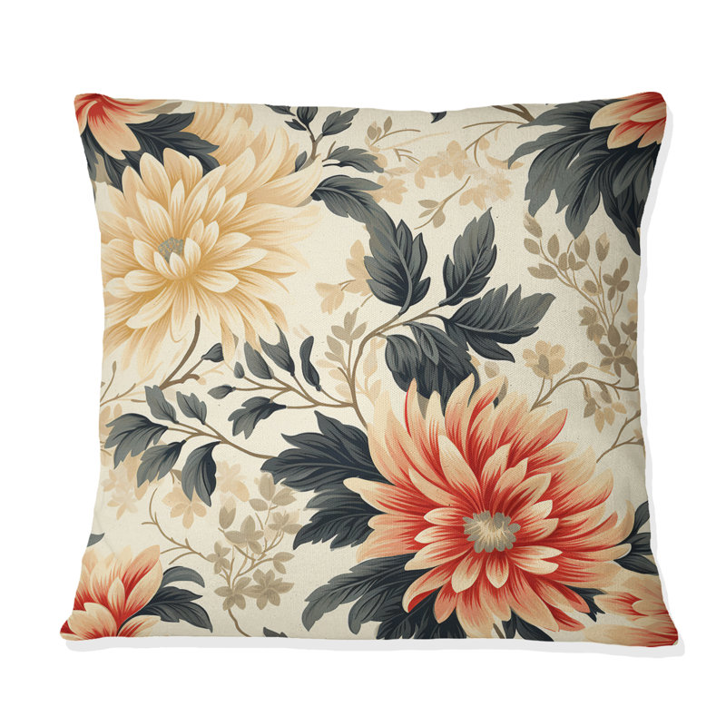 Coussin décoratif rétro vert et beige Dahlia - imprimé floral, H 16 po x l 16 po