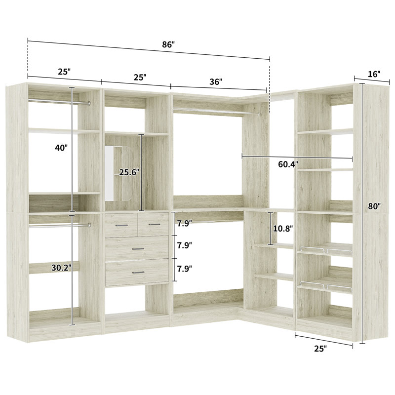 Navada Freestanding Closet System with Mirror, Washed Oak