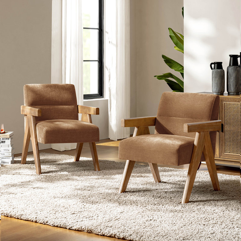 Donohoe 24.75'' W Mid-Century Modern Accent Chair With Curved Wood Arms, Caramel