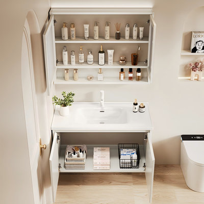 Meuble-lavabo double porte en bois d'hévéa massif blanc avec lavabo en céramique intégré et armoire à miroir intelligent