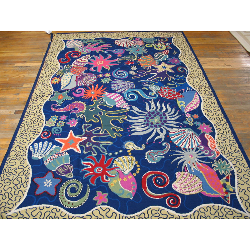 Vintage Mid Century Modern French Under The Sea Pattern Needlepoint Art Rug