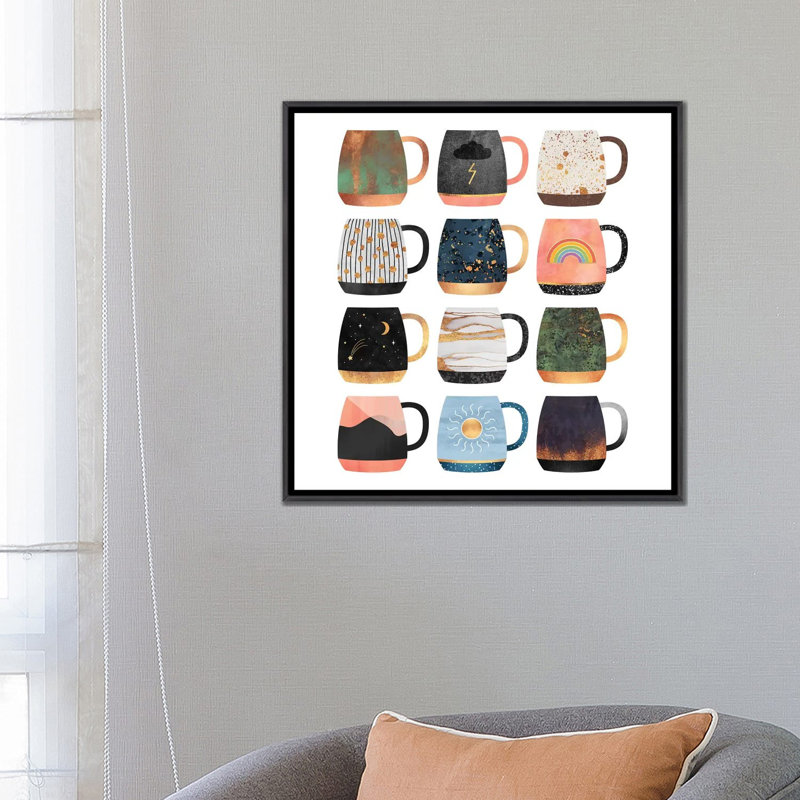 Collection « coffee Cup collection II » par Elisabeth Fredriksson-impression d’art graphique, Toile avec cadre noir patiné