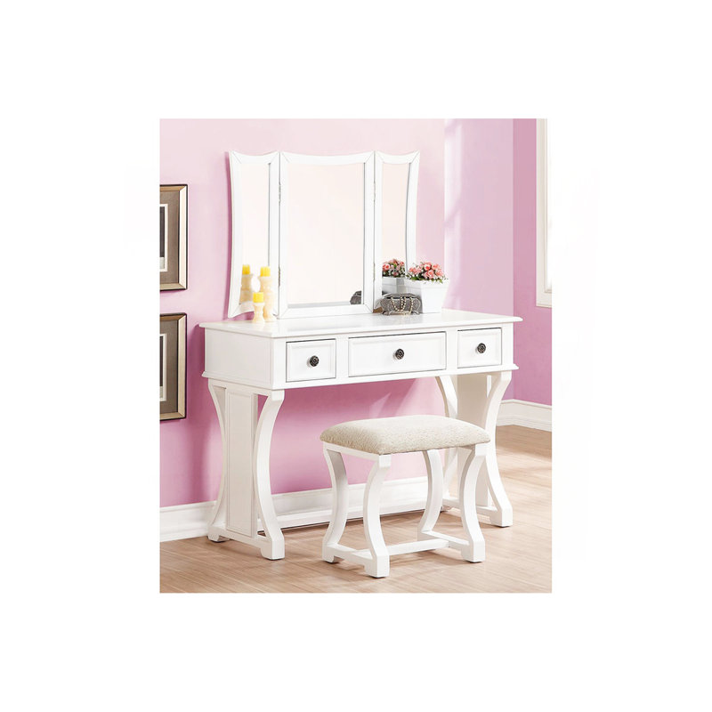 Unique Modern Bedroom Vanity Set W Stool Foldable Mirror Drawers White Color MDF Veneer 1Pc Vanity Furniture