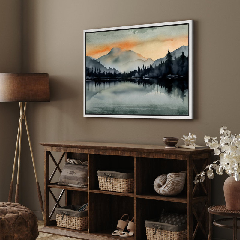 Paysage de forêt Woodland «Crimson Twilight Sunrise Mountain Lake» sur, Cadre flottant blanc, H 24 po x l 36 po