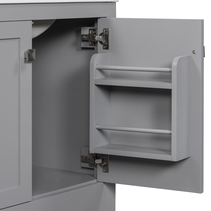 Meuble-lavabo de salle de bain avec lavabo en céramique, tiroirs compartimentés, portes à fermeture en douceur et tablette d'armoire