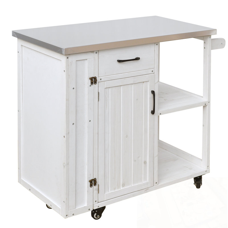 Outdoor Kitchen Island with Stainless Top, Towel and Spice Racks, White