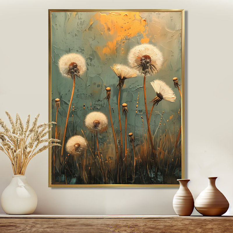 Art nouveau pissenlit blanc collage I - décoration murale pissenlit, Cadre flottant doré, 40" H x 30" W