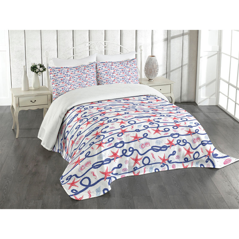 Ambesonne Starfish Bedspread Scallops Multicolor, Queen Bedspread + 2 Standard Shams