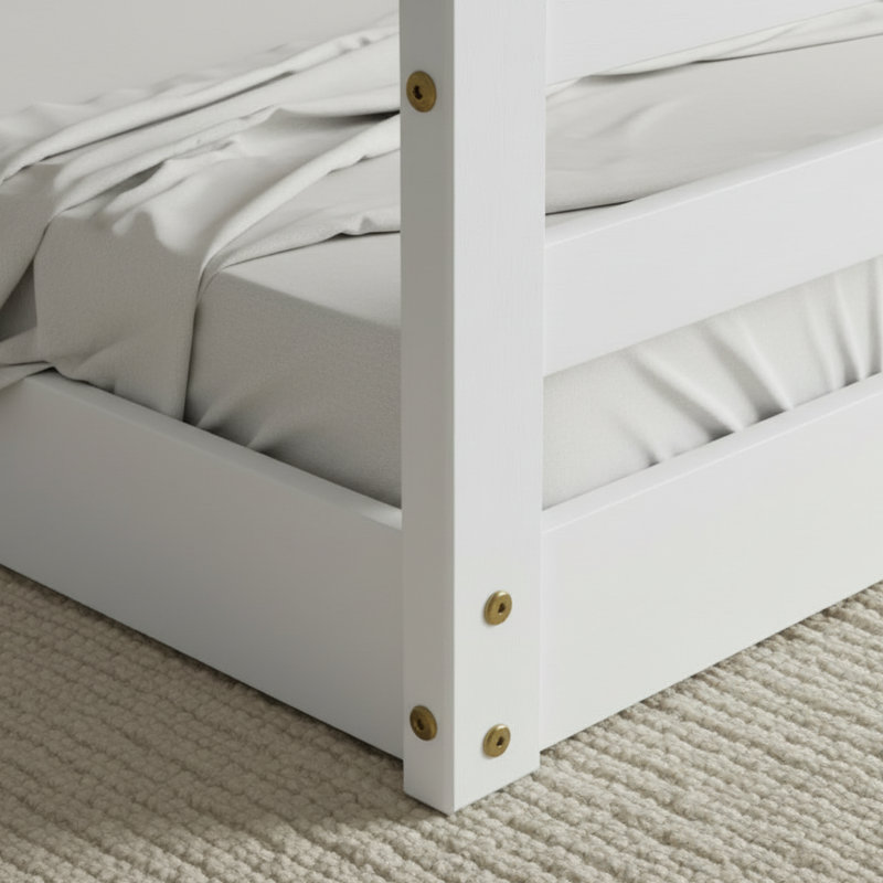 Montessori Toddler Floor Bed - Solid Wood House Frame, No Box Spring Needed, White, White
