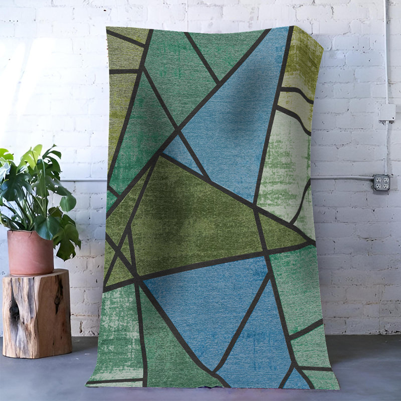 Tapis décoratif à motif géométrique triangulaire bleu-vert, Rectangle 4 pi 7,12 po x 6 pi 6,74 po