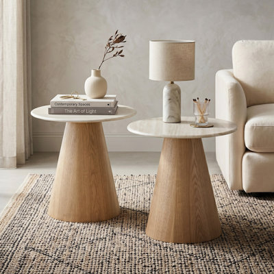 Souliere Sintered Stone Top Pedestal End Table With Travertine Look